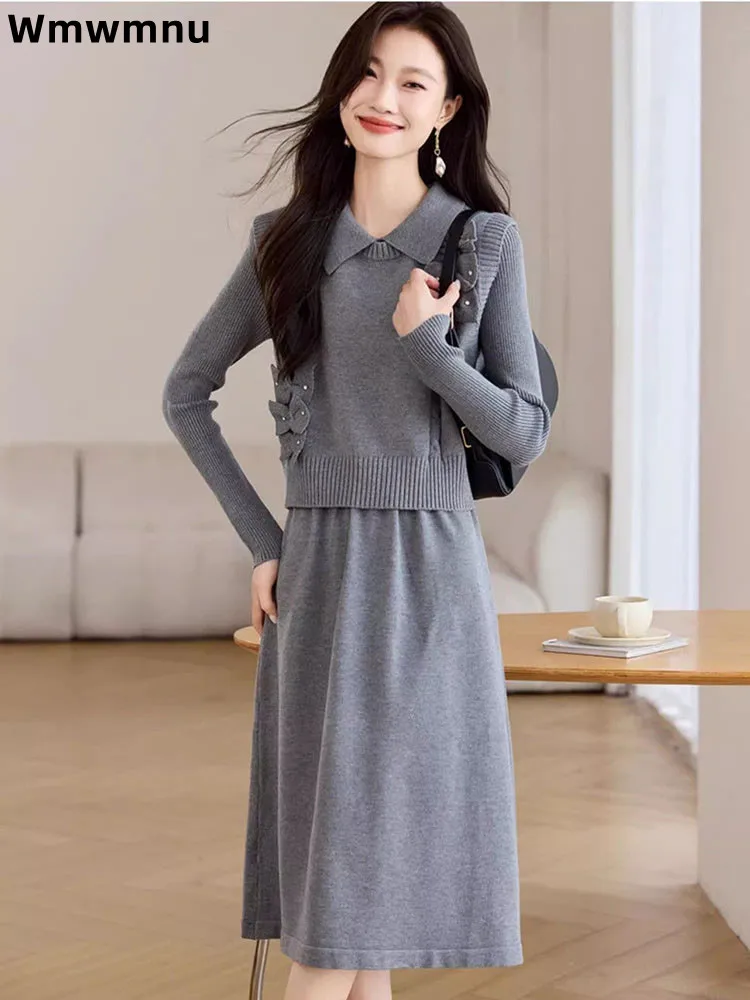 

Элегантное трикотажное женское повседневное платье Conjuntos с длинными рукавами, жилет, комплект из 2 предметов, прямой корейский модный ансамбль длиной до колена