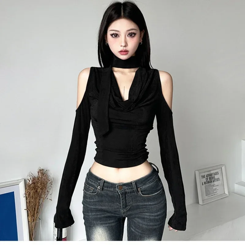 

Y2k Millennium Spicy Girl Off Shoulder V-neck 2024 Summer New Women Hollow Fit Versatile Long sleeved T-shirt Black Slimming Top