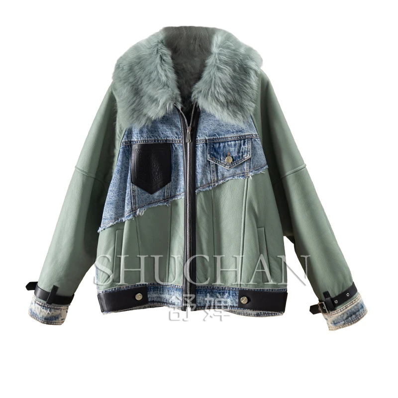 

Italy Tuscany Sheepskin Patchwork Denim Leather Jacket 90 Down Jacket Women Casacos Femininos Inverno 2024