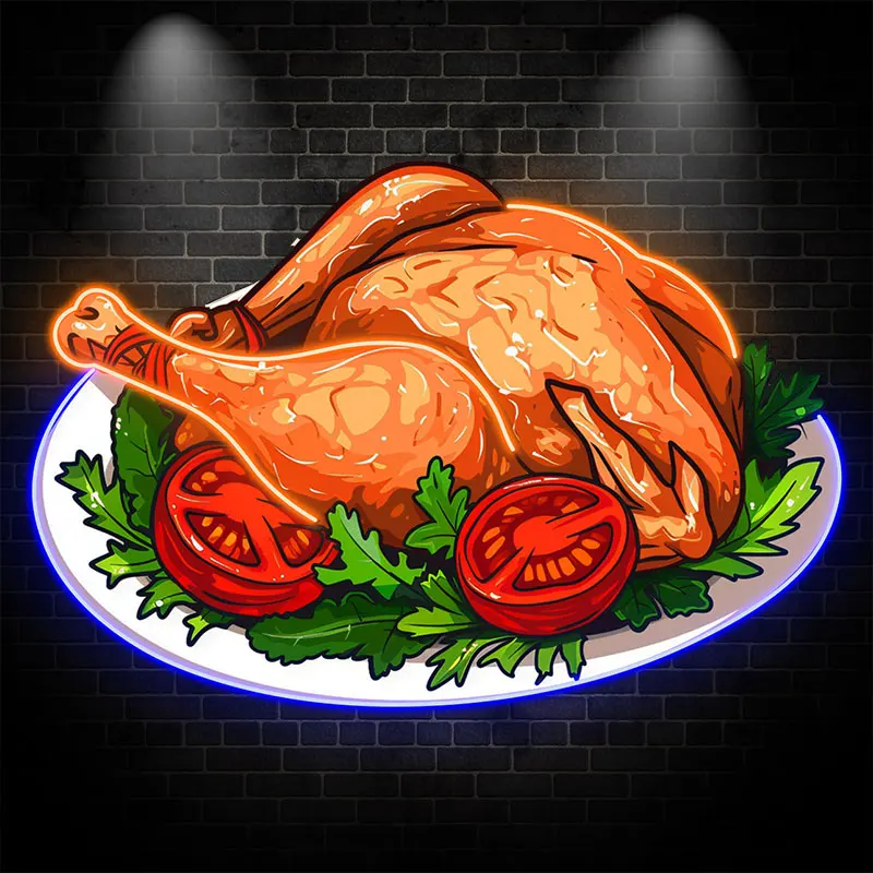 Roast Turkey Neon Light Sign - Delicious Holiday Meal Design with Tomatoes & Greens, Ideal for Thanksgiving & Festive Kitchen