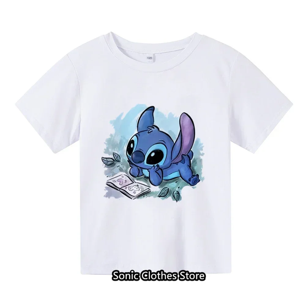 Summer T-shirt 3-14 Year Old Children's Top Lilo&Stitch Kawaii Anime Pattern Children's T-shirt Fashion Casual Style