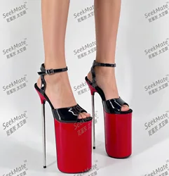 Seek Mate European and American New Ultra High Slim Heel 30 cm Steel Heel Red and Black Contrast Lacquer Leather Large Open Toe
