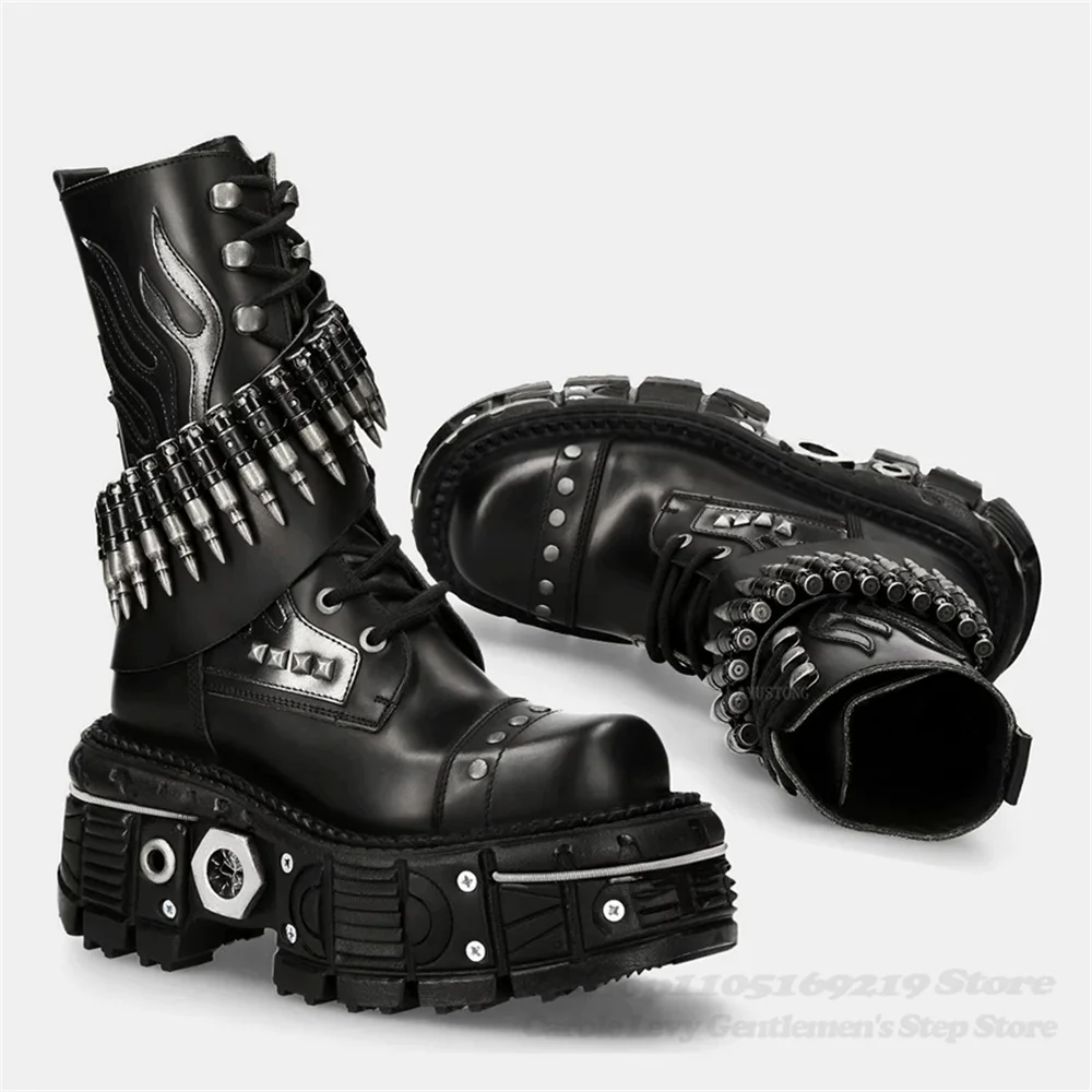 2026 New Platform Rivet Decor Motorcycle Boots Men Trendy Round Toe Punk Style Rock Lace Up Metal Thick Bottom Knight Boots