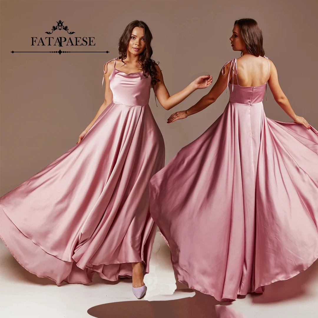 

FATAPAESE Soft Satin Maxi Flared Dress with Hign Slit Sexy Bridesmaid Dress Open Back A Line Wedding Evening Gown with Train