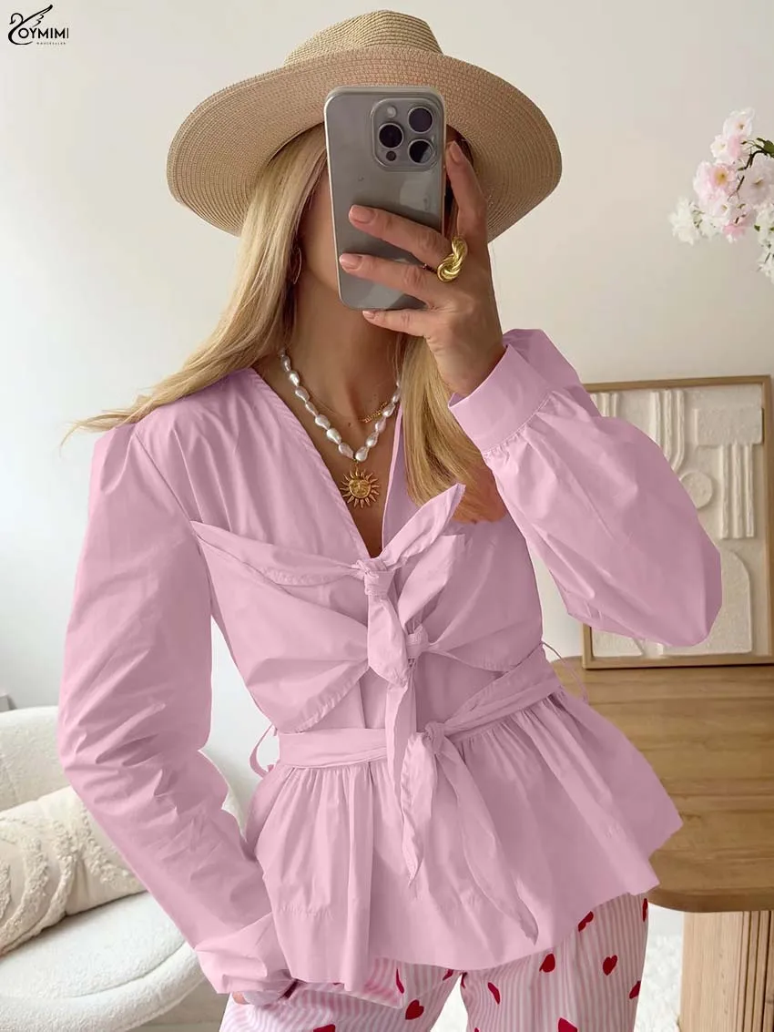 Oymimi Casual Pink V-Neck Woman Blouses Fashion Long Sleeve Lace-Up Loose Blouses Elegant New Solid Ruffled Blouse Streetwear