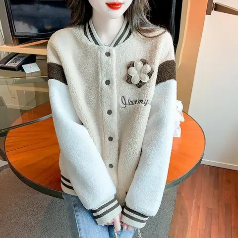 Baseball Jackets Black Womens Autumn Woven American Style All-Match Wide Wear-Resistant Collar Pleated Pleat Flared Swag OL