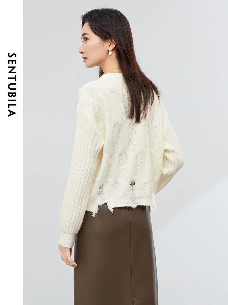 SENTUBILA Geometric Cut Out Soft Knitted Sweater O-neck Straight Warm Knit Pullover 2024 Spring Knitwear Jumper Woman W44E58457X