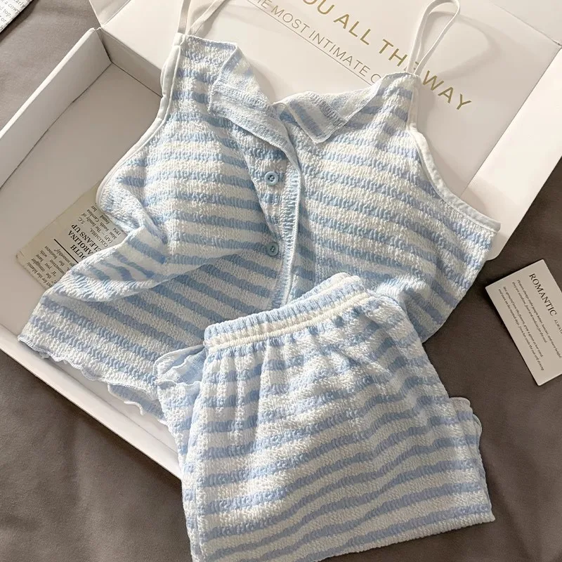 Summer new women's clothing with chest pads, striped suspenders, pajamas, girls, thin vests, shorts, loungewear, two-piece set,