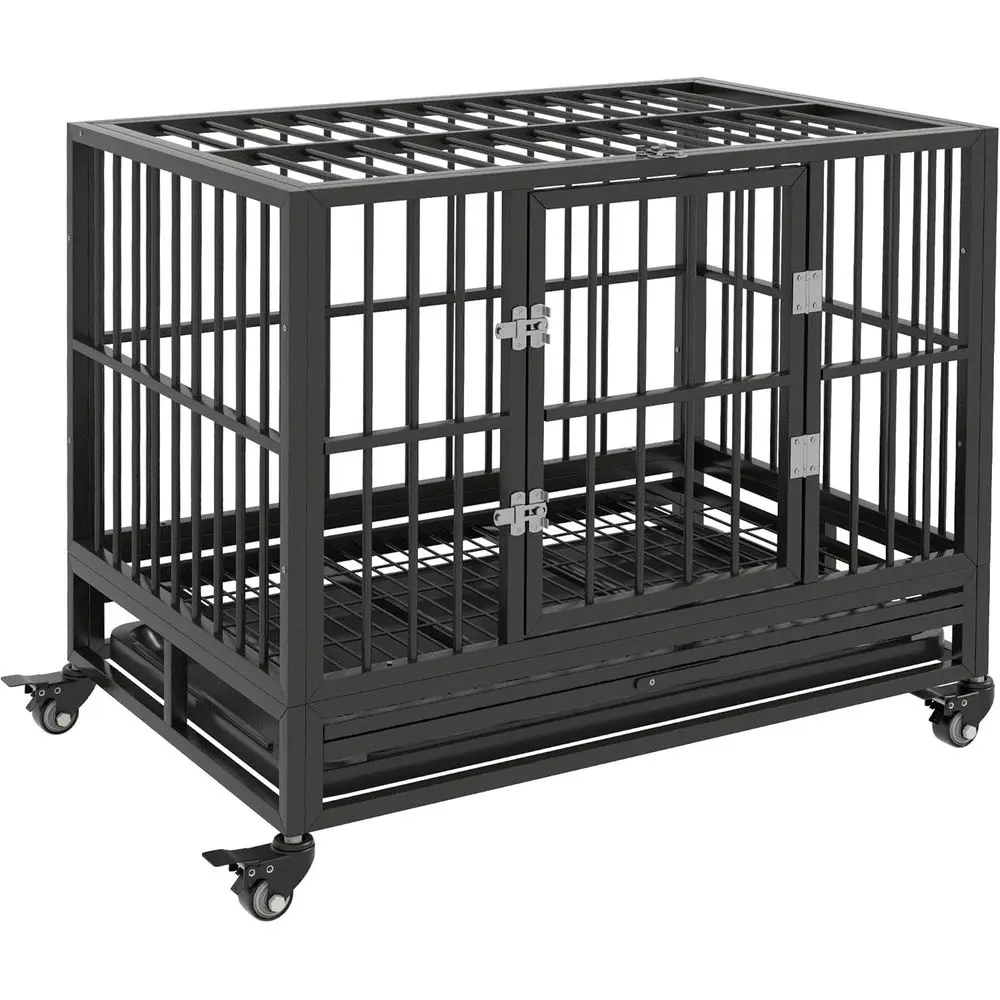 

Gray 36 Metal Dog Crate with Lockable Wheels, Double Door, Removable Tray, Heavy Duty