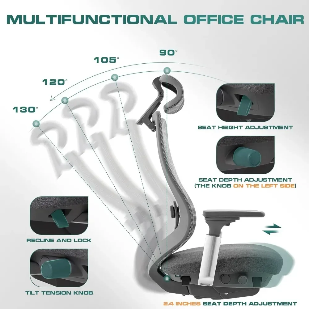 Эргономичный сетчатый офисный стул, офисный стул с высокой спинкой для компьютера руководителя, с регулируемым подголовником и подлокотниками 4D, Подвижное сиденье