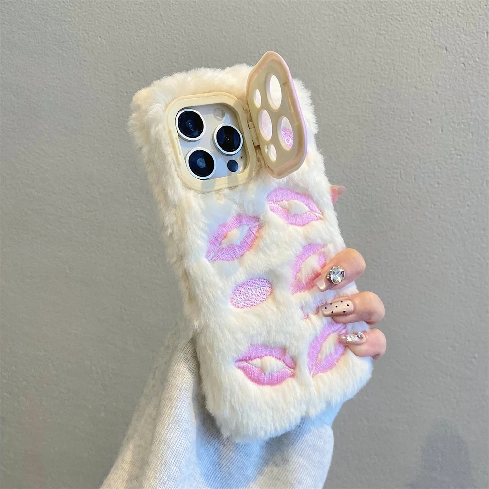 Plush Embroidered Lip Print Phone Case Suitable for iPhone 11 12 13 14 15 16 ProMax 14 15 16 Plus Lens holder Protection Case
