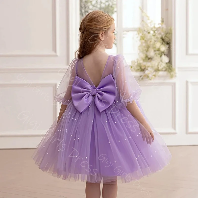 Vestido de princesa rosa polvoriento con flores para niña, vestido de fiesta de boda de tul hasta la rodilla, vestido de cumpleaños personalizado para niños con perlas