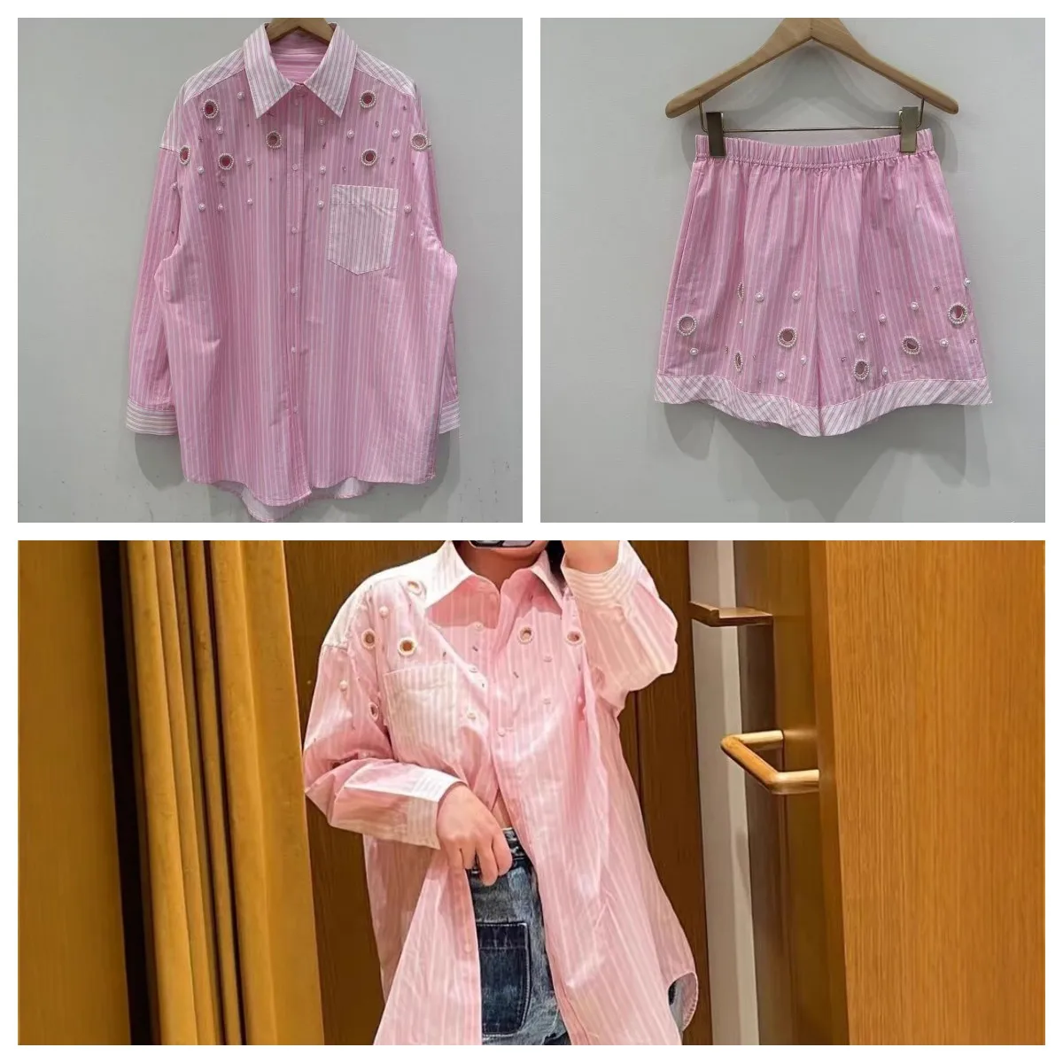 Conjunto de Primavera 2026 para Mujer, Color Rosa, con Rayas Verticales, Cuentas Decorativas, Camiseta con Cuello Redondo y Pantalones Cortos