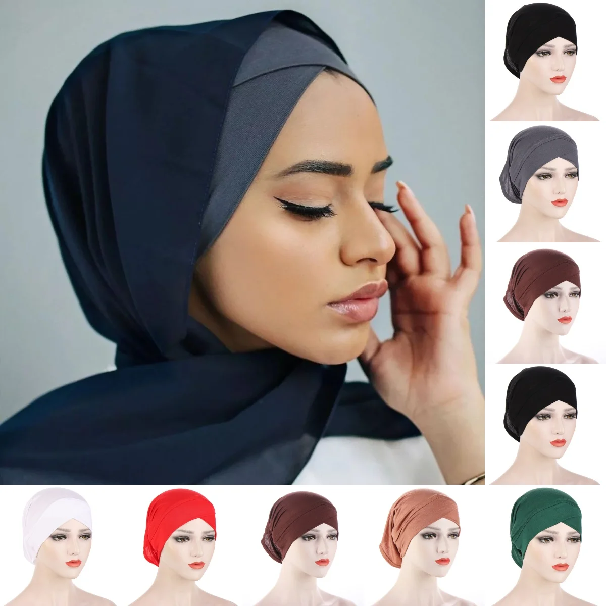 

2026 New Solid Color Frontal Cross Women Muslim Hijab Caps Wrap Head Soft Elastic Turban Bonnet Chemo Cap Fashion Headdress