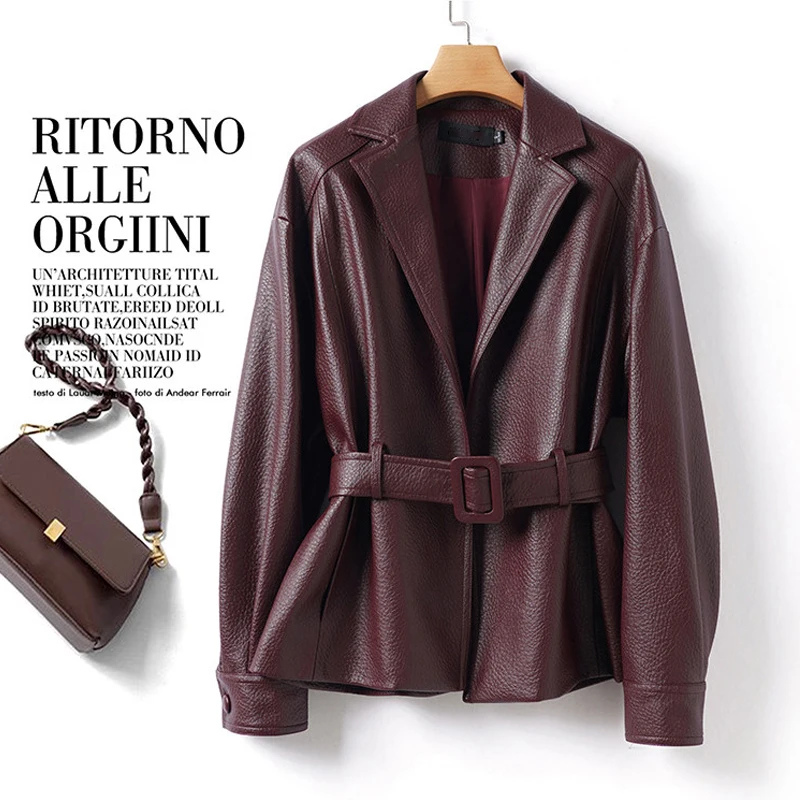 Chic Wine Red Split Sheepskin Jacket Coat for Women 2026 Spring Fashion Lace-up Belt Casual Loose Short Sheep Leather Jacket Top