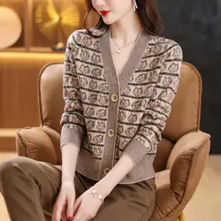 Autumn and Winter Women's V-neck Jacquard Button Long Sleeve Loose Fit Sweater Knitted Cardigan Fashion Elegant Commuter Tops