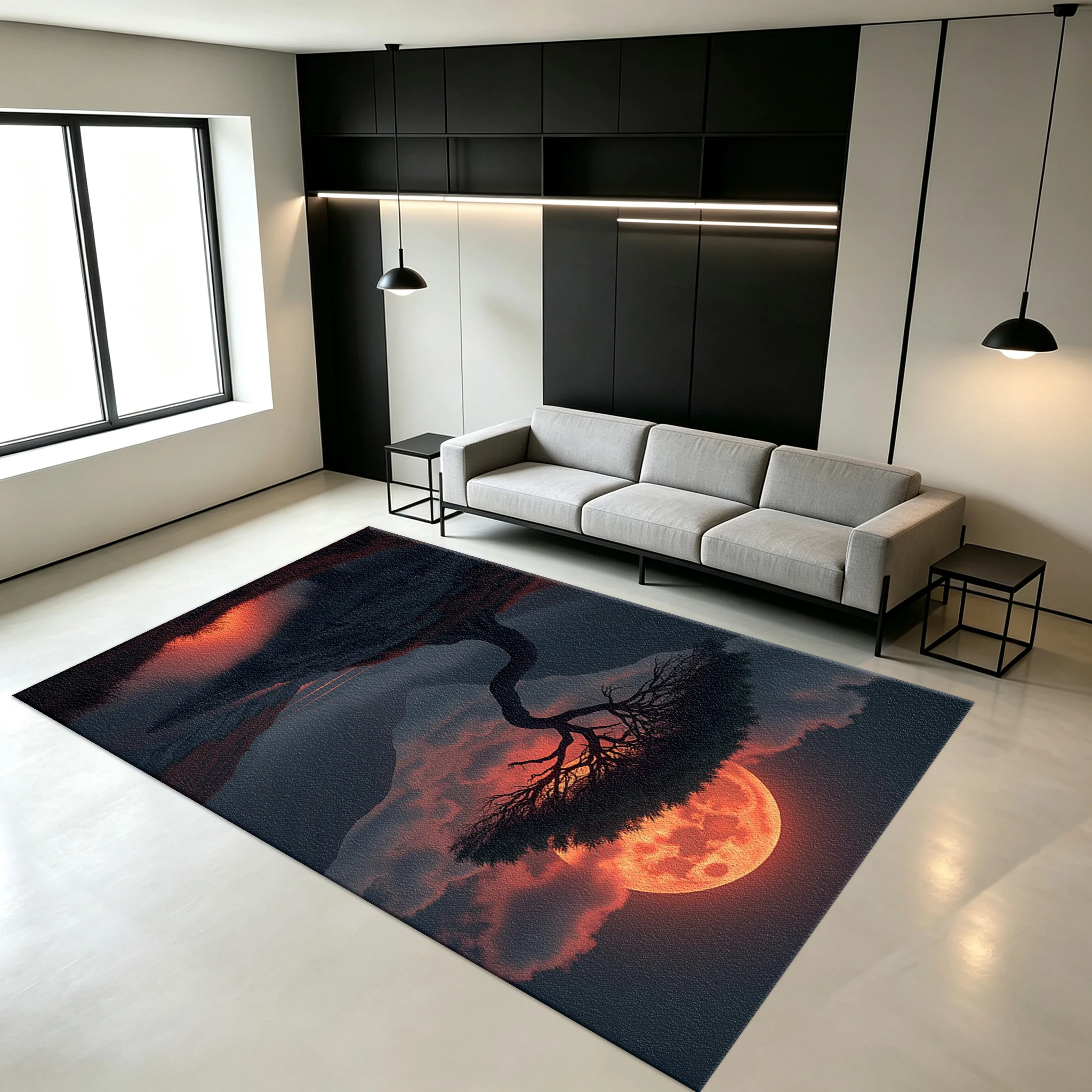Red Blood Moon Twisted Tree-Shaped Mountain Landscape Carpet Late Night Scenery Non-Slip Floor Mat