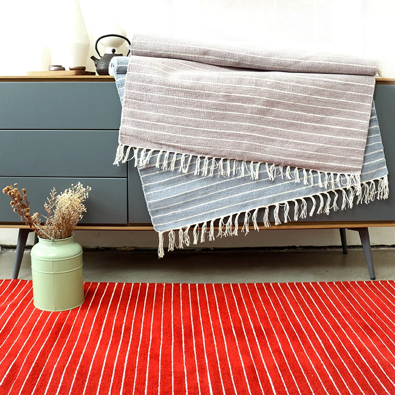 

High small white stripe design tessel edge cotton area rug for bedside living room tapetes para casa sala tapis salon