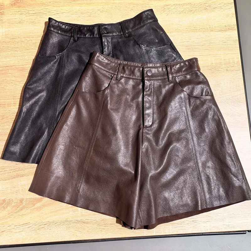 Black/Brown Real Leather Shorts Women Casual Wide Leg Trousers Plant Tanned Sheepskin  High Waist Slim A-Line Five-Point Pants