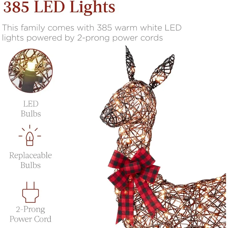 Conjunto grande de família de cervos de Natal iluminados de 3 peças de 6,5 pés, decoração de quintal ao ar livre com 385 luzes LED, estacas, laços com zíper - rattan