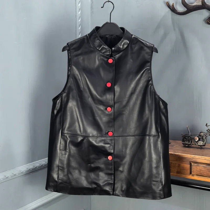 

Spring 2026 Women's Genuine Leather Vest Loose Fit Longline Stand Collar eepskin Single Button Casual Sle Faion Vest