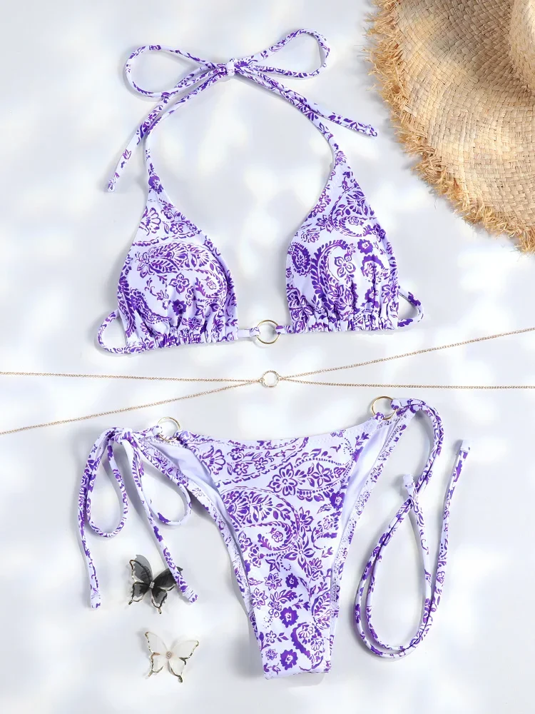 

Women's Swimsuit 2025 Bathing Suit Bandage Purple Bikinis Sexy Swimwear Beachwear Print Bikini Sets Micro Thongs Biquinis Female