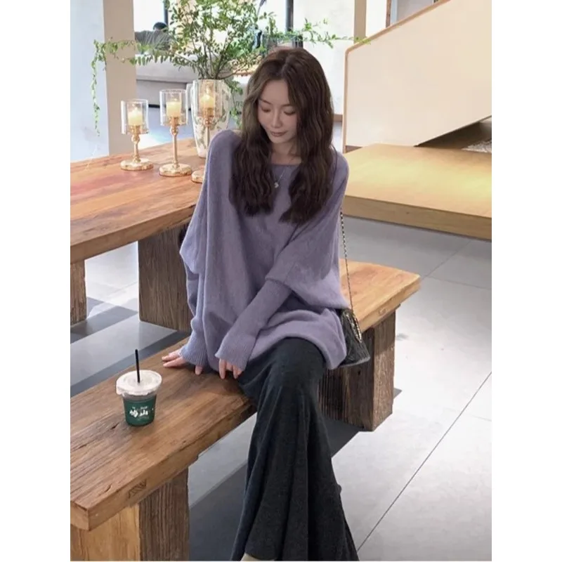 

Women's Round Neck Korean Autumn and Winter Pullover Solid Color Cape Bat Sleeve Knitted Fir Sweater Top