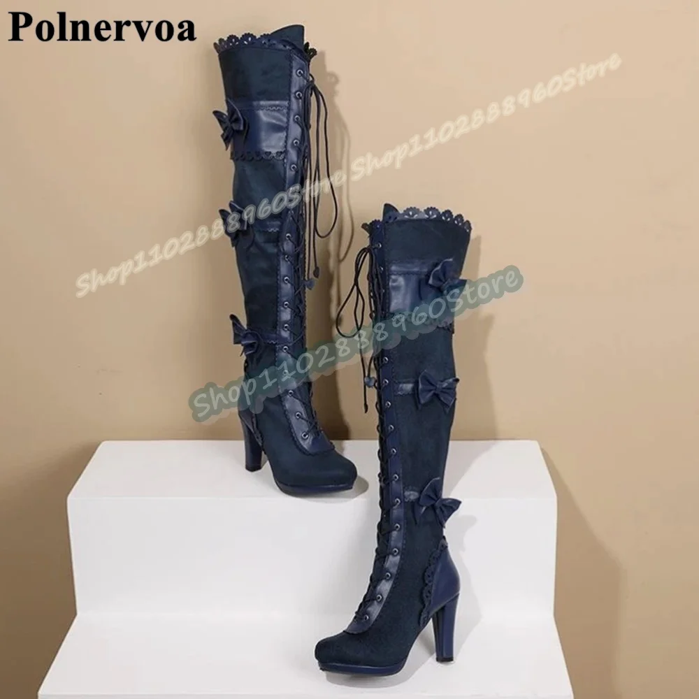 الركبة عالية الأسود Bowknots الربط عبر تعادل الأحذية مكتنزة أحذية عالية الكعب للنساء الجانب سستة جولة تو أحذية أنيقة للحفلات #3