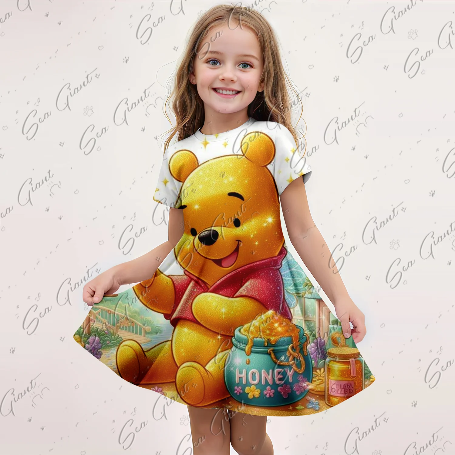 New MINISO Summer Girls Pooh Bear 3D Printing Princess Dress Fashion Cartoon Cute Dress Kids Funny Short Sleeve Cosplay Clothing