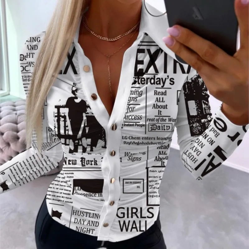 Women's Long Sleeve Blouse Top 2024 Autumn Newspaper Print Ruched Buttoned Long Sleeve Top Elegant Cardigan Shirt for women Tops