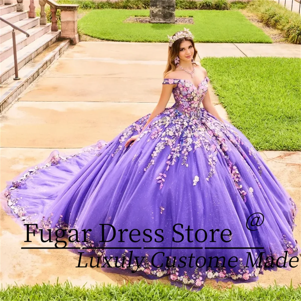 Lavender Shiny Quinceanera Dress Off The Shoulder Appliques Lace Tull Cut-Out Beads Sequin For 15 Girls Ball Formal Gowns