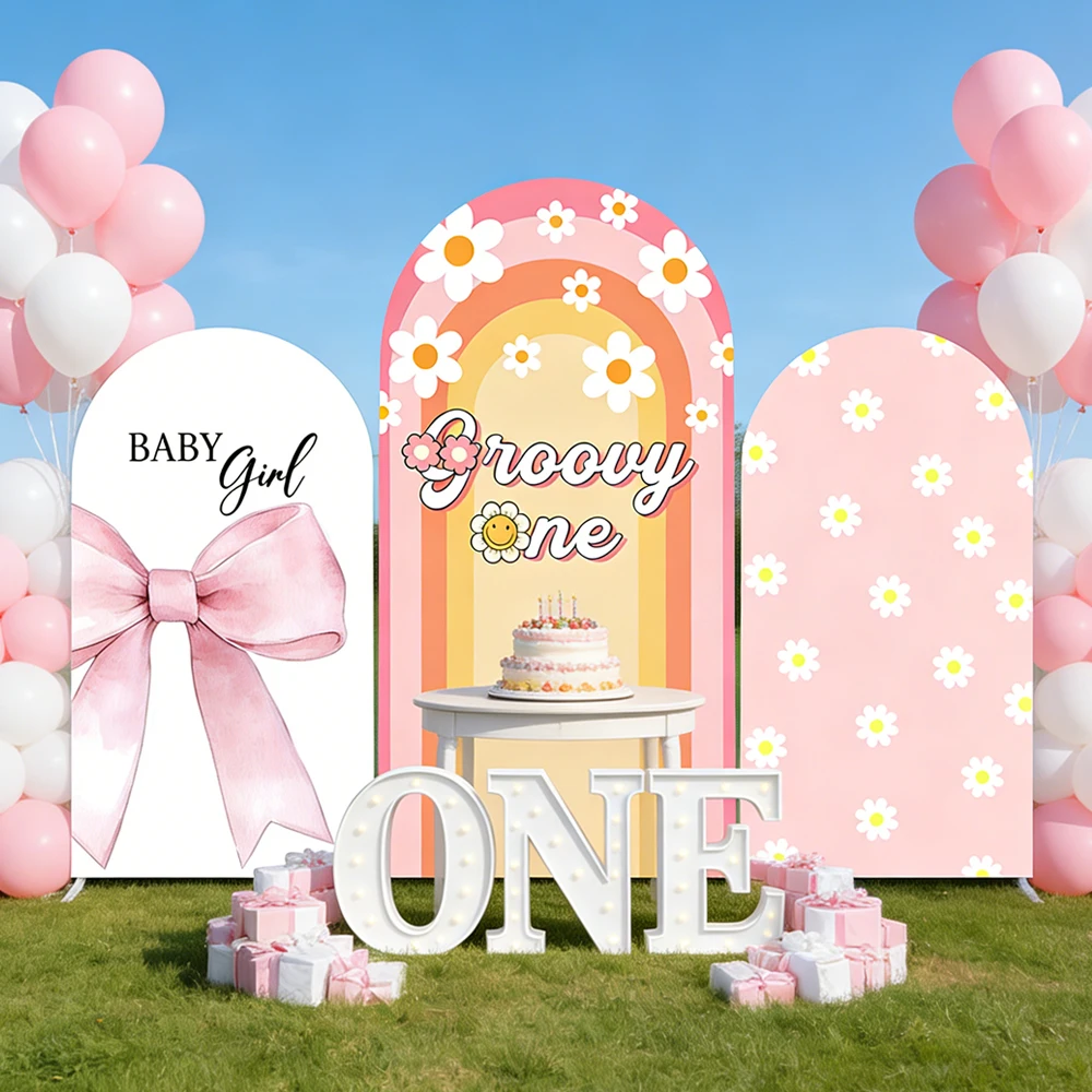 Arch Cover Background Pink Bow Baby Shower Girl 1st Birthday Party Decoration Elastic Stretchable Soft Fabric One Side Design