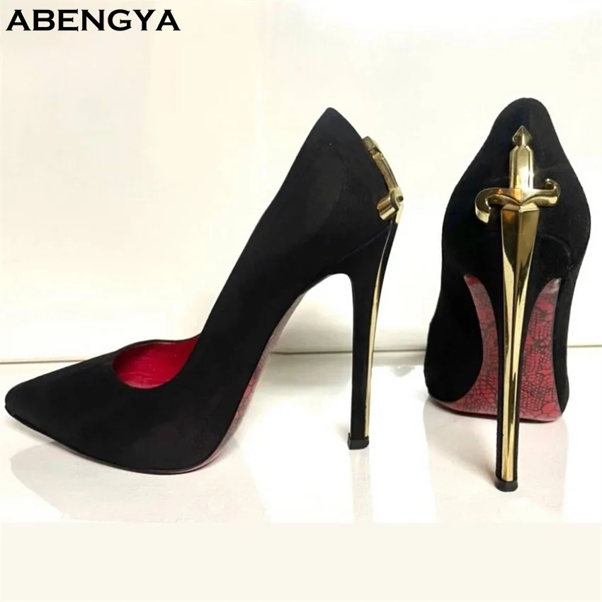 

2025 Summer Sexy Suede Leather Heeled Shoes Women Pointy Toe Leather Metal High Heel Dress Shoes Banquet Shoe For Women