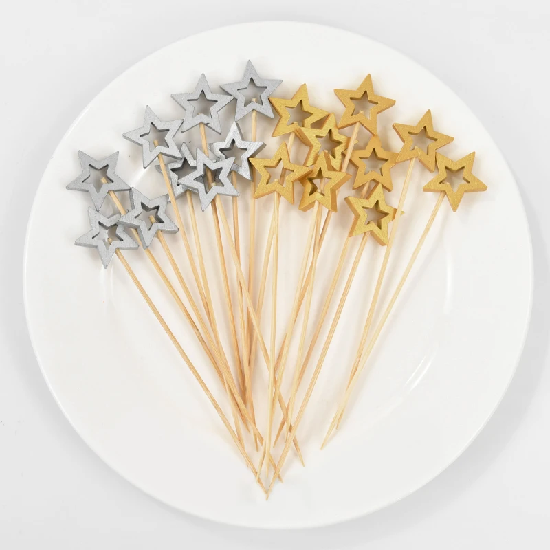 50 Uds. Brochetas de bambú desechables de estrella, selecciones de cóctel de comida, palitos de tenedor de fruta para Buffet, suministro de decoración para fiesta de Navidad, cumpleaños y boda