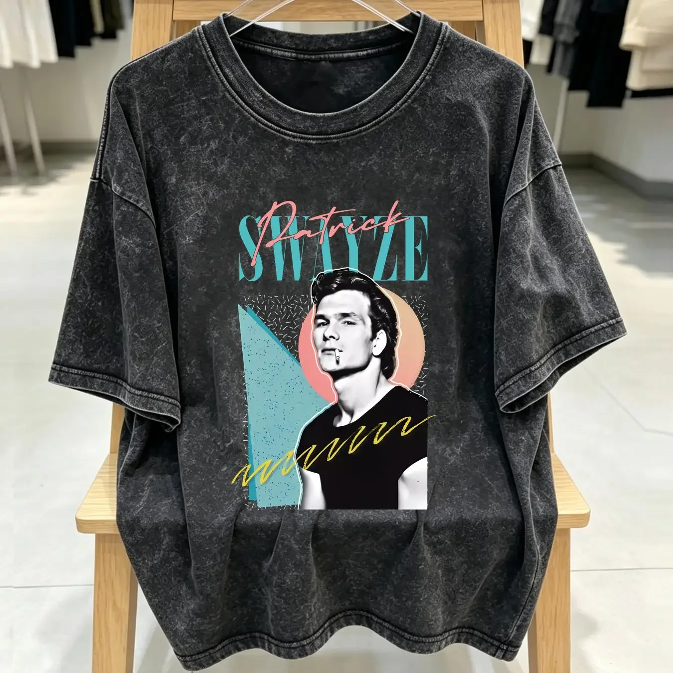 washed T Shirt Patrick Swayze rétro graphique classique vintage Washed streetwear homme Casual Versatile Stretched