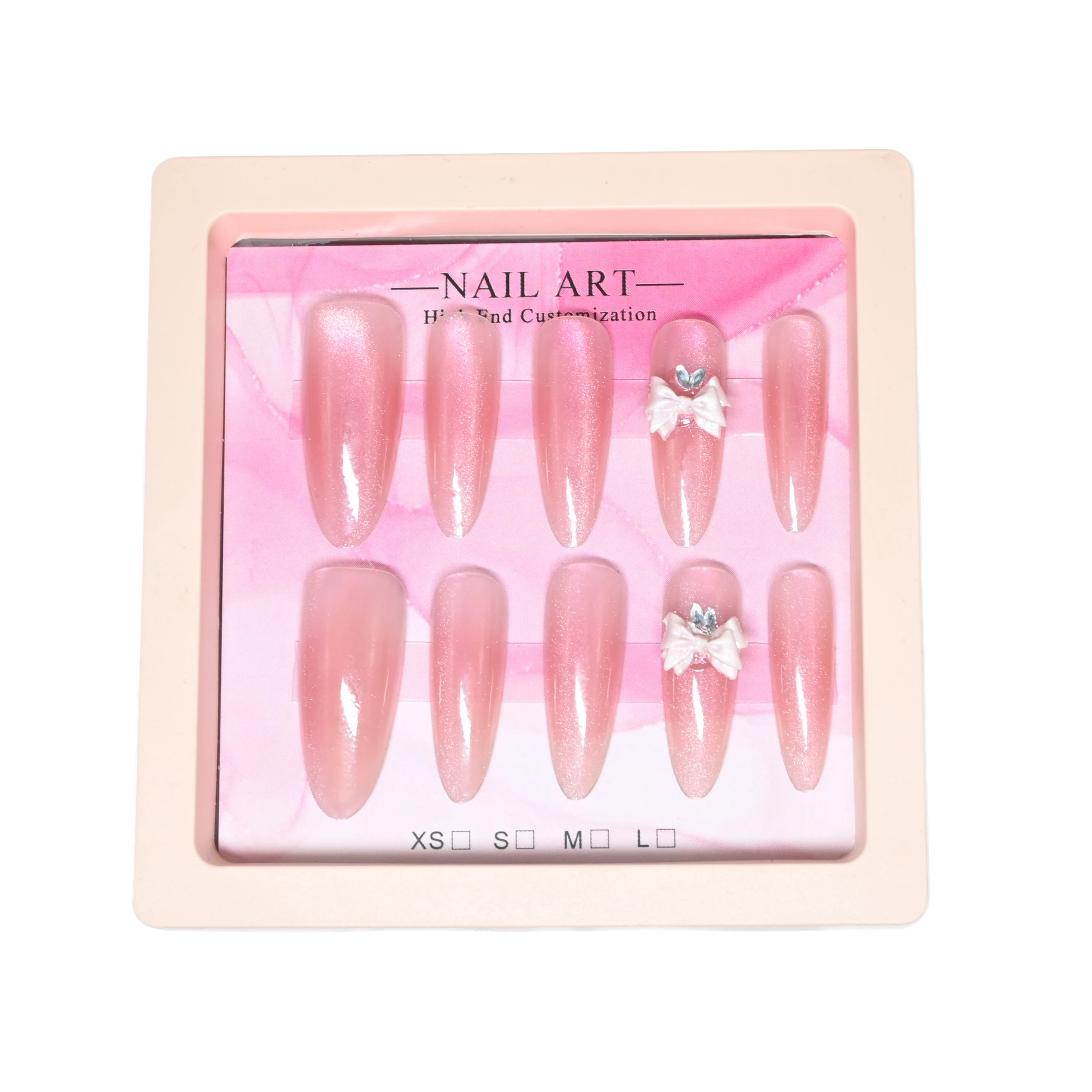 New arrival, 10-piece handmade medium almond reusable press-on nails with exquisite packaging.The sheer nude-pink cat-eye base c
