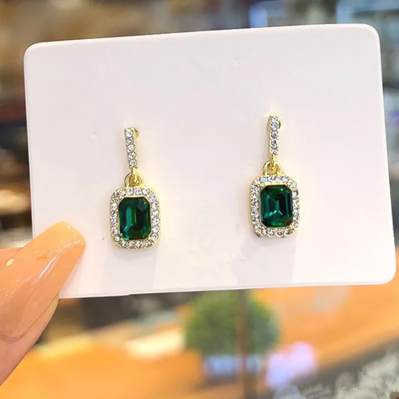 925 Silver Needle Korean Edition Small and Minimalist Style Green Crystal White Stone Geometric Square Women\'s Earrings