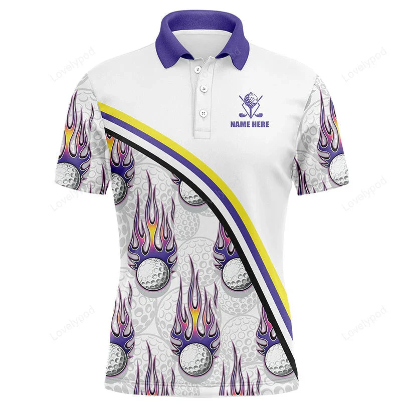 Golf Balls Purple Flame Pattern Men Golf Polo Shirts Summer Fashion Short Sleeve Tops Cool Lapel Streetwear Women Polo Tops