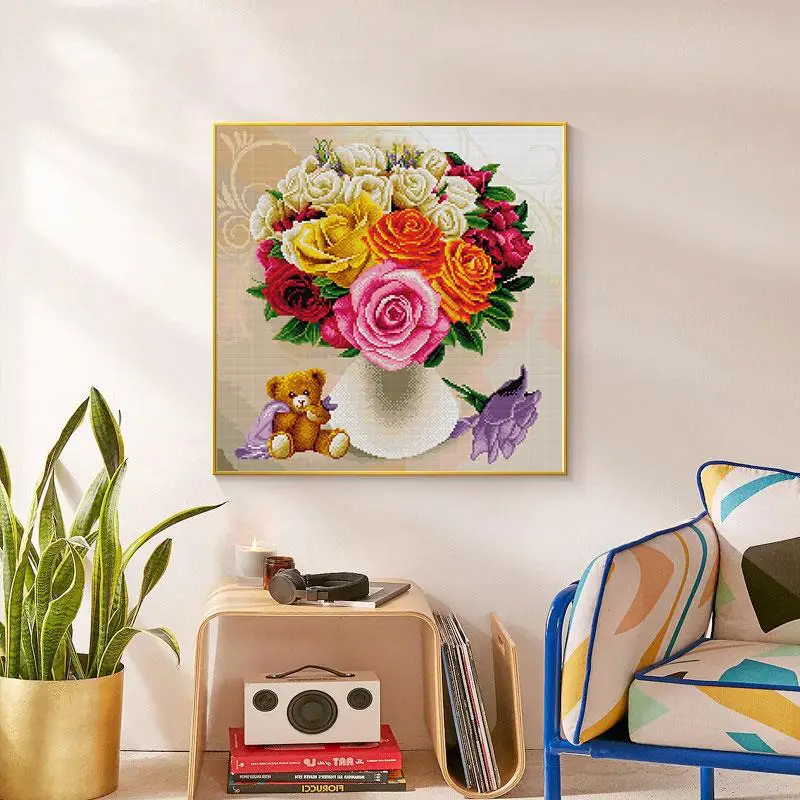 DIY Floral Pattern Cross Stitch Rose Flower Vase 14CT 11CT Count Printed Canvas Fabric Embroidery Kit Dining Room Decor Painting