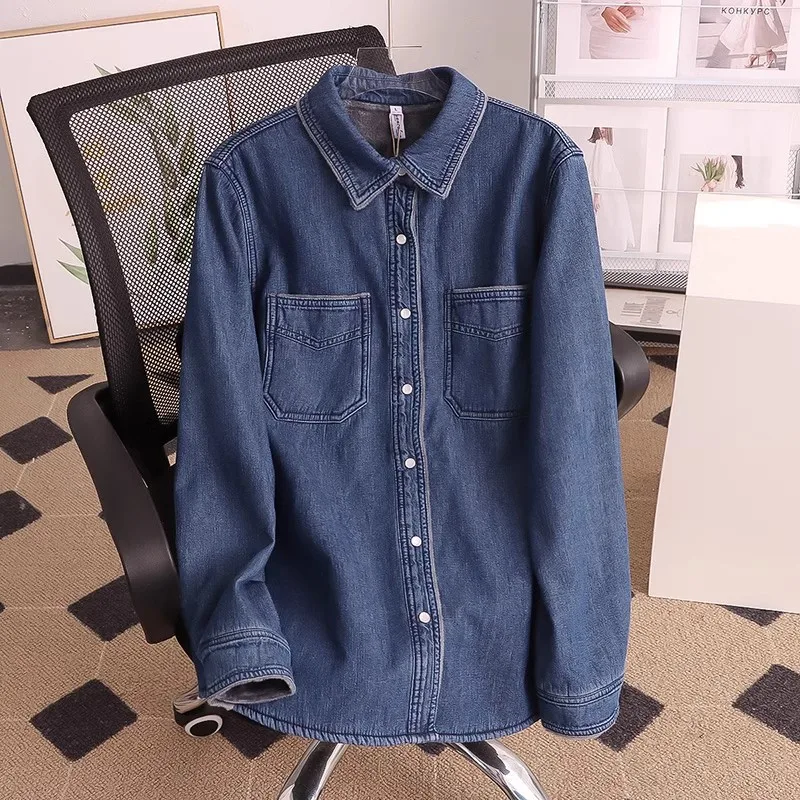 2024Autumn Winter Women's Denim Shirts Korean Style Fashion Warm Velvet Inside Jeans Blouse Thick Female Tops Long Sleeve KT1976