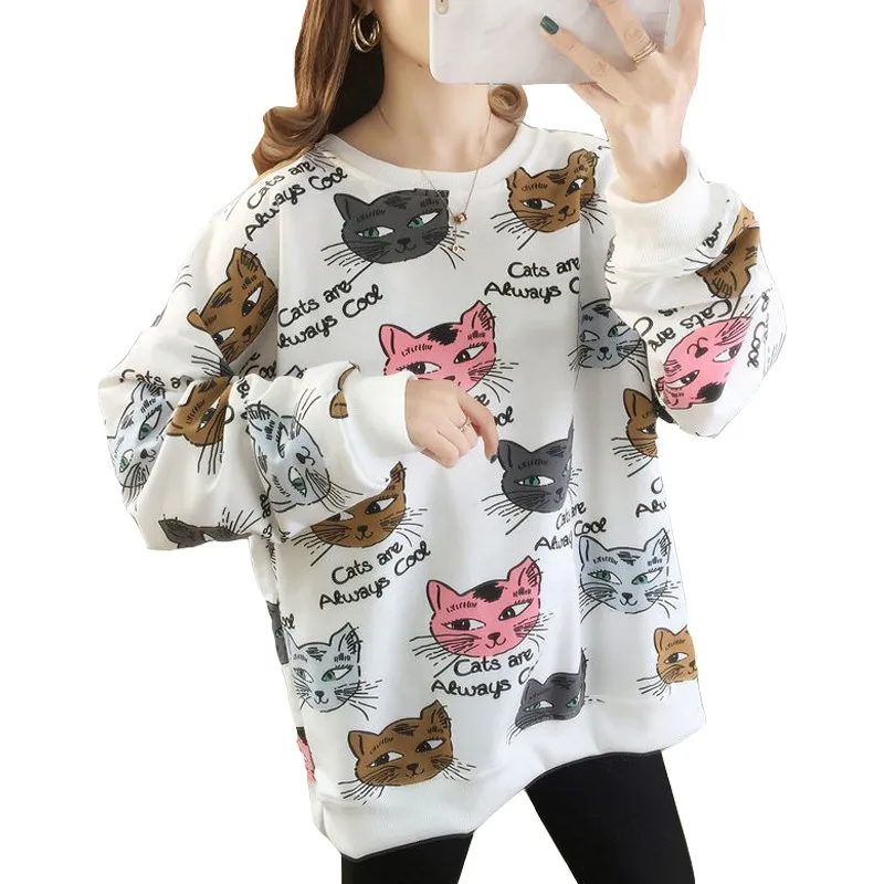 

Spring Autumn Long Sleeve Loose Top Sister Foreign Style Fashion Animal Cat Head Harajuku Sweatshirts Women Thin Cotton Pullover