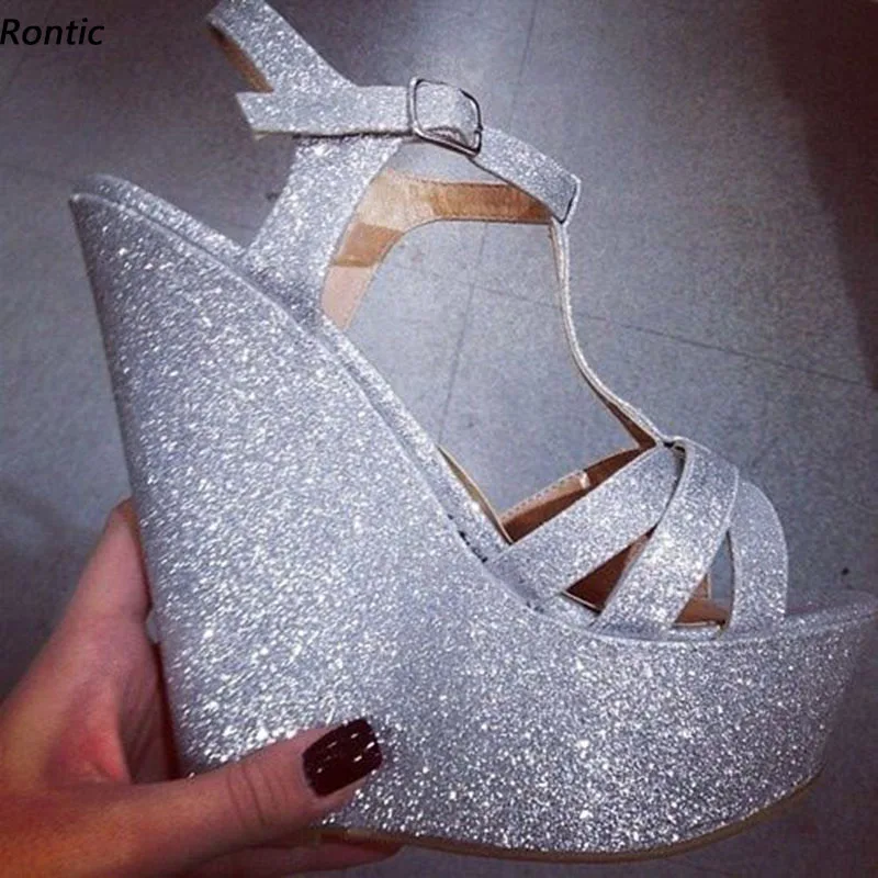 

Rontic женские босоножки ручной работы на платформе с блестками на танкетке и высоком каблуке с круглым носком, красивая серебряная обувь для косплея, размер США, большие размеры 5-20