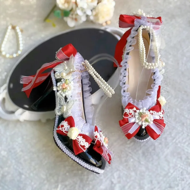 Original Lolita Handmade Gorgeous Flower Wedding Elegant Round Head High Heels Ancient Style Hanfu Womens Shoes Pink Pumps