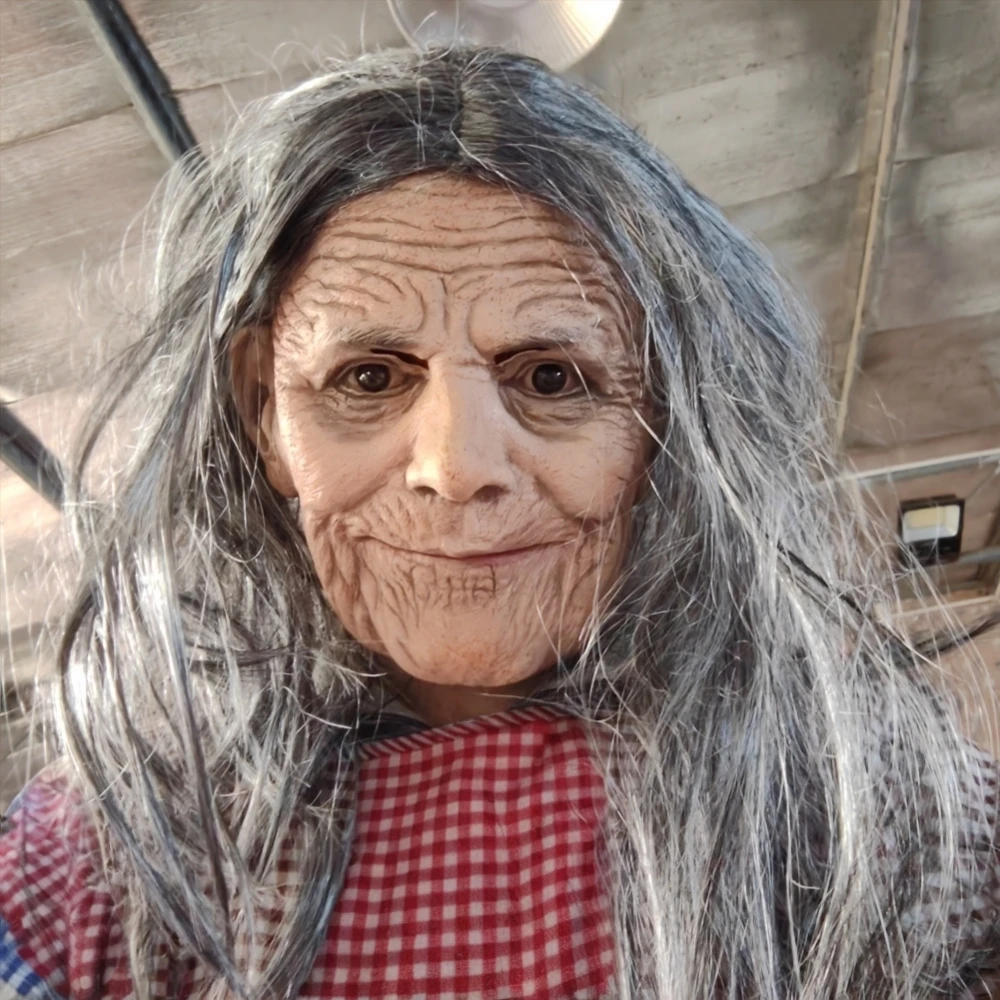 Maschera in lattice realistica per vecchia donna con bocca mobile Maschera per nonno in gomma morbida con capelli bianchi per accessorio per costume di Halloween