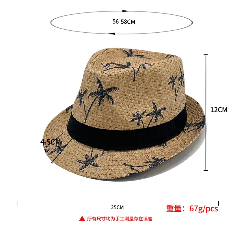 European Hot Sale Paper Straw Jazz Hat for Men, Summer Woven Sun Cap with Coconut Tree Print, Beach Sun Protection Hat