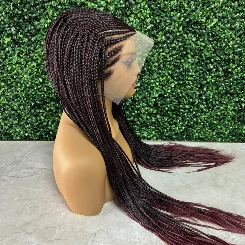 Dark Burgundy Synthetic Braided Wig Lace Frontal Braids Wig 26 Inch Cornrow Lace Wigs 99J Win Red Color Wig for Women Daily Use