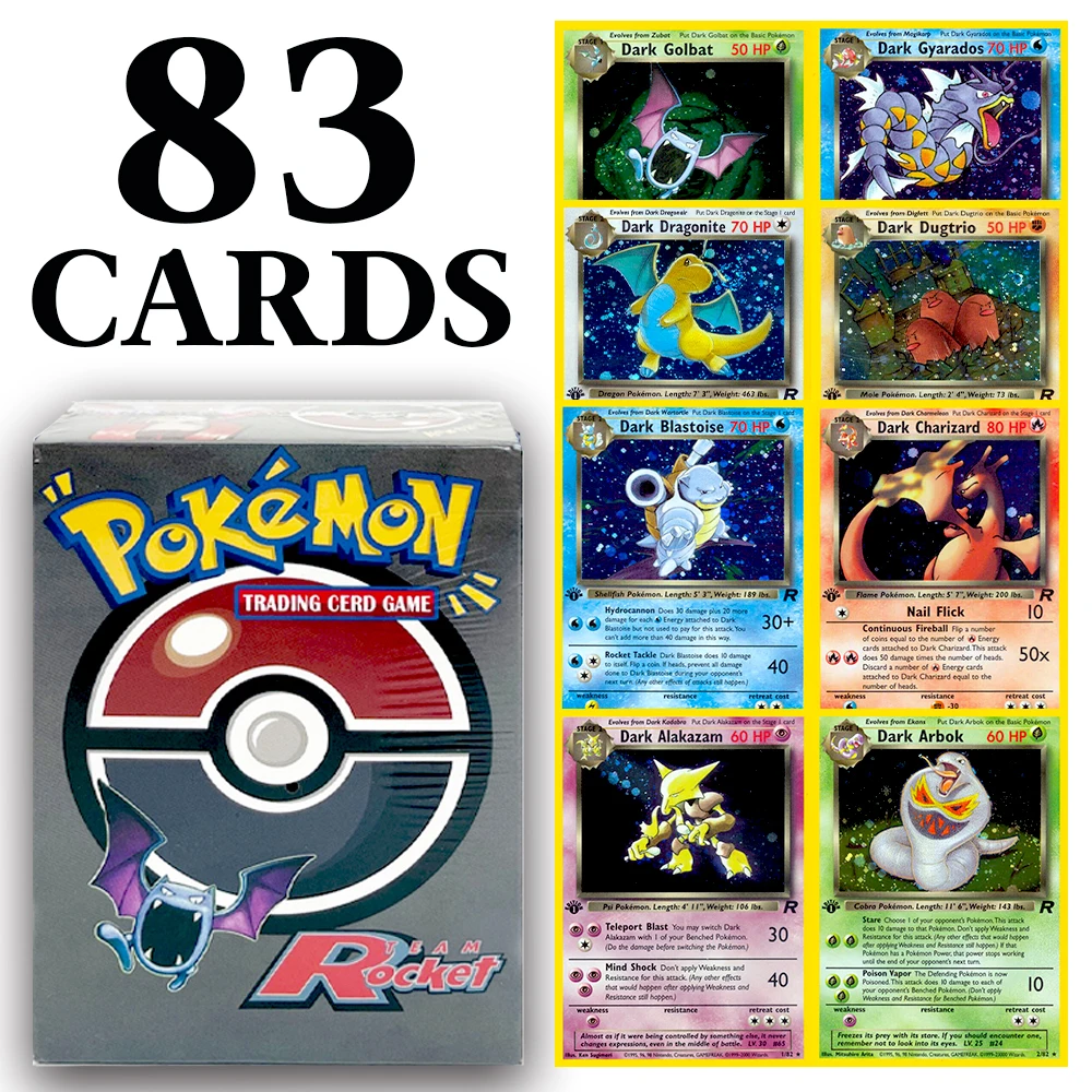 

83 шт. PKM весь набор Team Rocket Set Коллекция прокси-карточек Игровые игрушки содержит темный альмамам Темный Arbok Blastoise Charizard-PTCG
