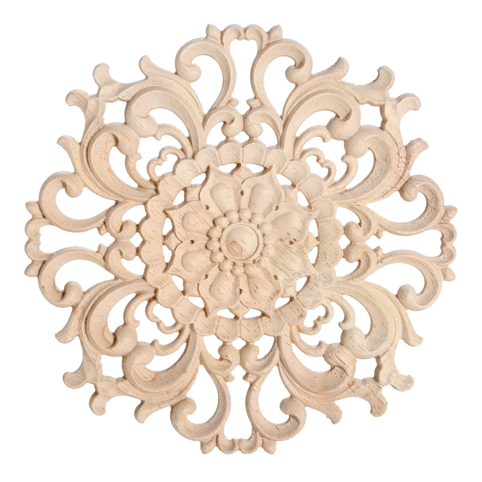 4Pc 10cm Wood Carved Appliques Decorative Onlays Round Wood Carving Craft Decals for Door Wall Ceiling Cabinet Closet Home Decor