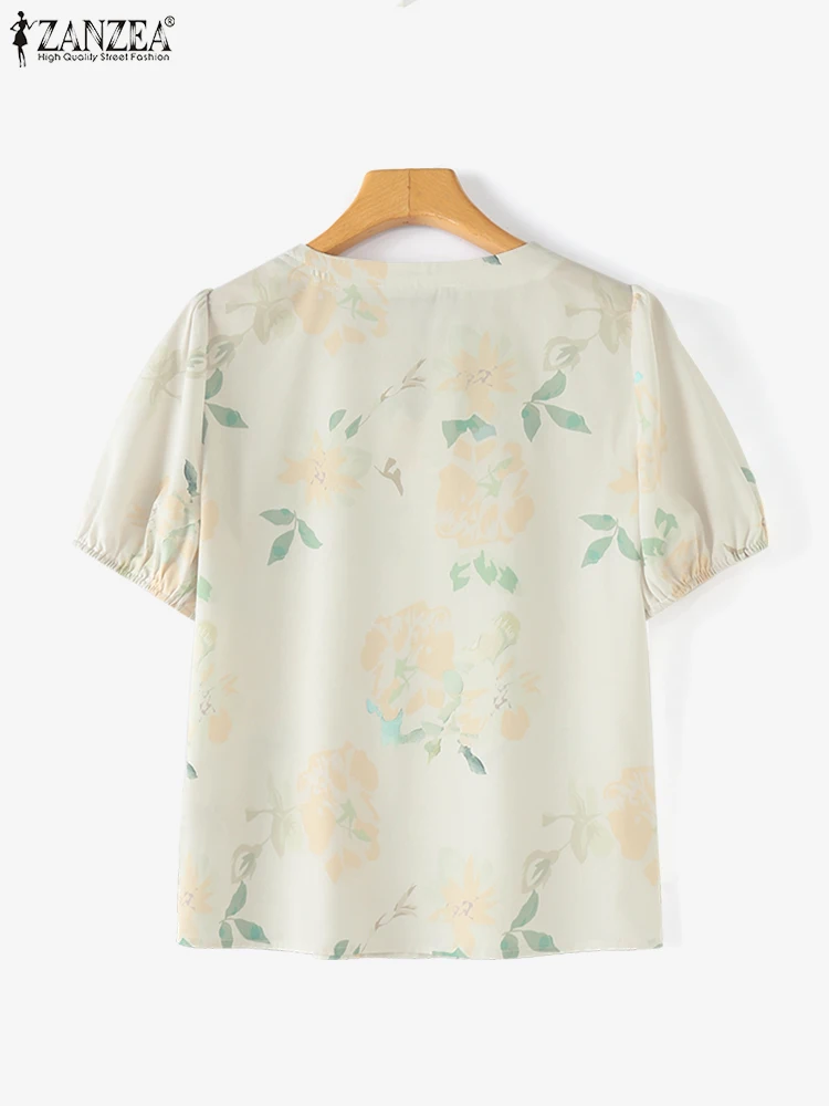 ZANZEA Vintage Casual Floral Print Tunic Summer Women Chiffon Blouse Retor Holiday Blusas Korean Bandage Round Neck Tops Shirt