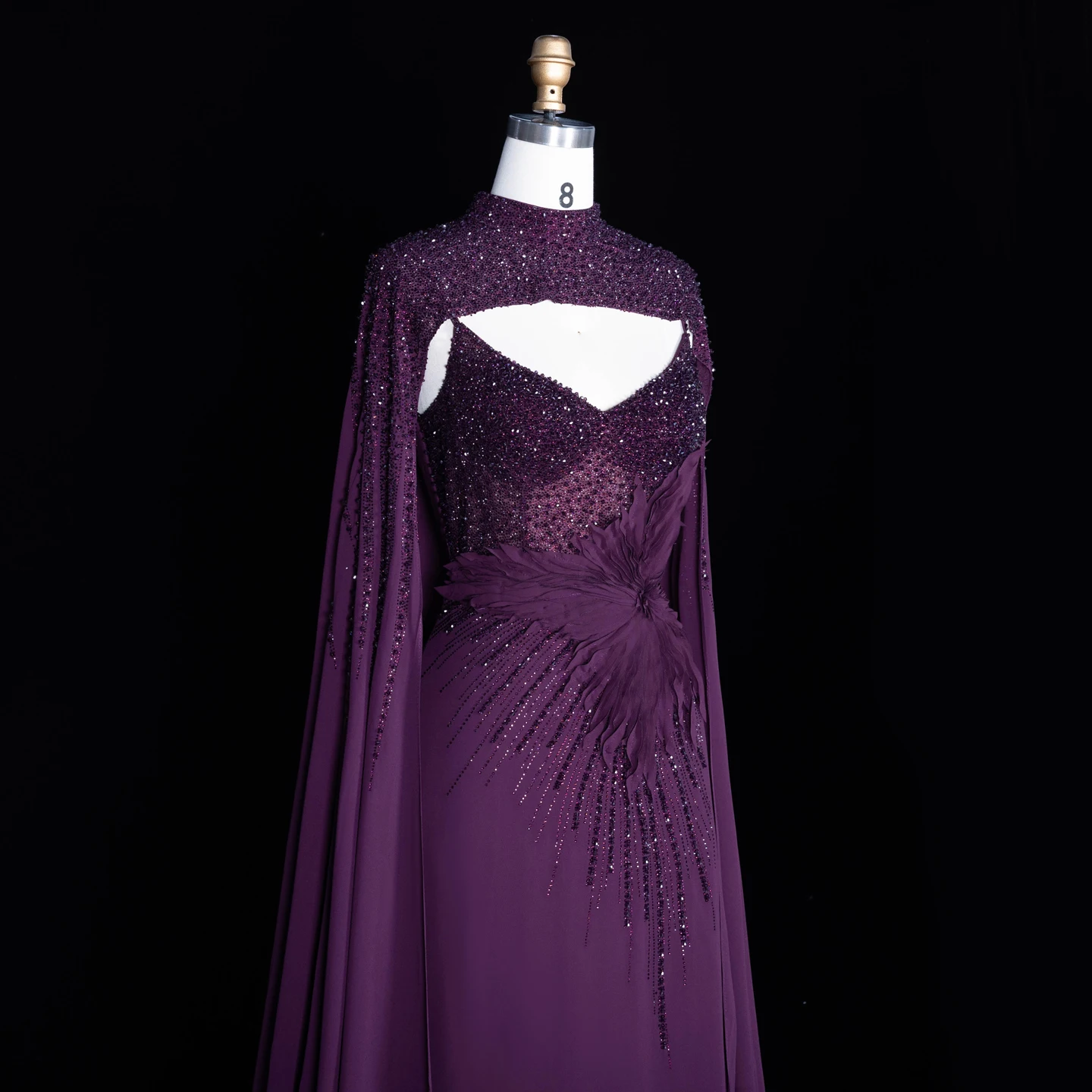 Sharon Said Abendkleider Luxuriöse Meerjungfrauen-Kleider mit V-Ausschnitt, Chiffon, Kristallen, Arabisch, Dubai, formelle Partykleider mit Umhang SS074 Maßanfertigung – Detail 17